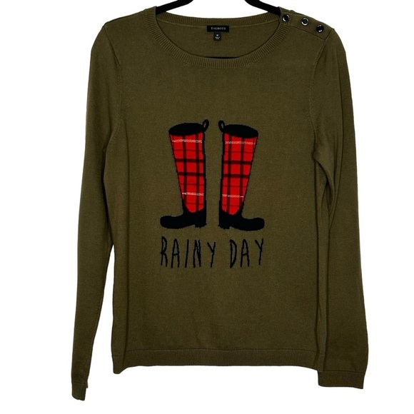 Talbots Olive Green Rainy Day Rain Boots Themed Pullover Knit Sweater Sz M - Picture 2 of 14